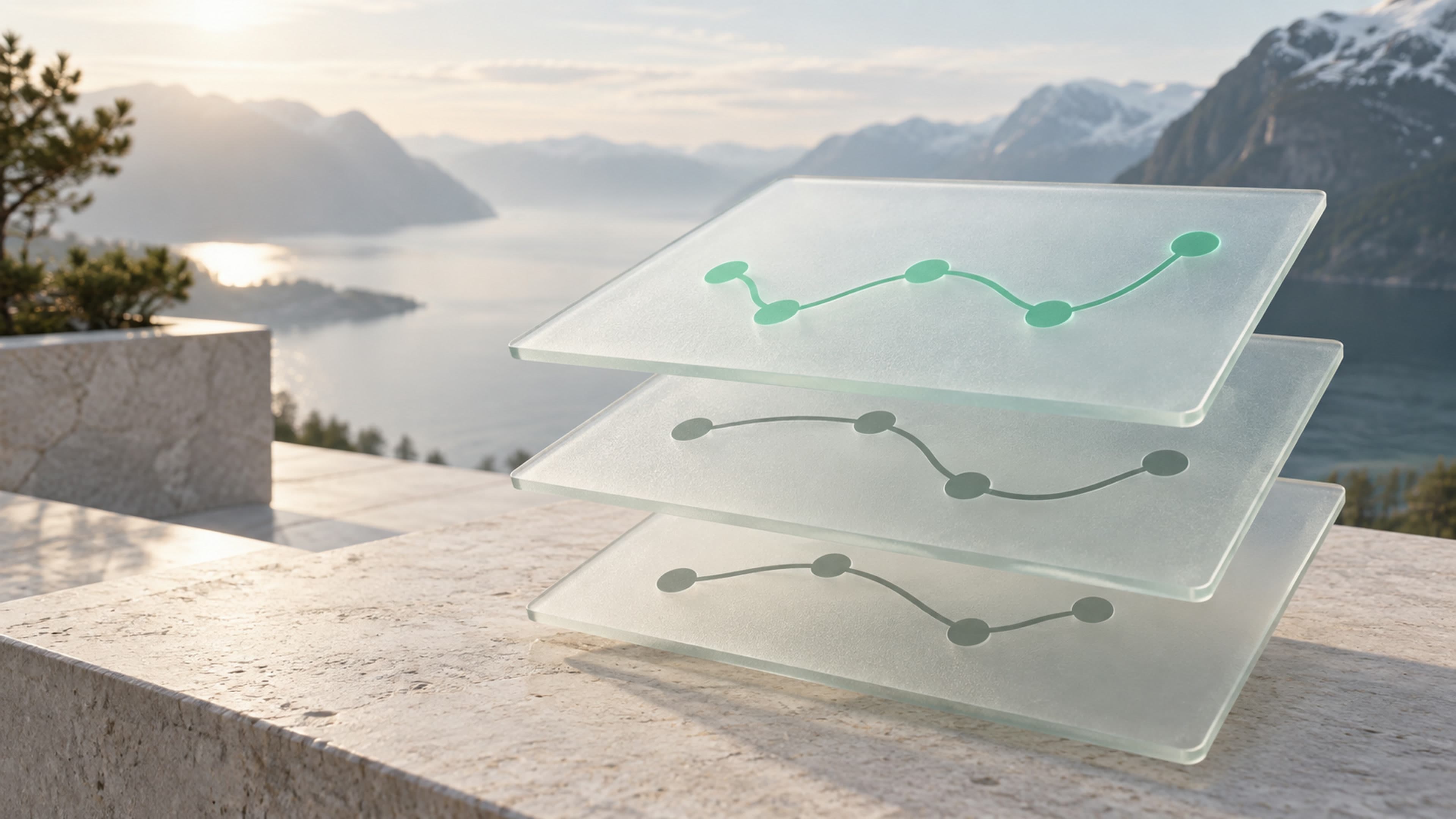 Three frosted glass layers above a fjord terrace, each etched with a process route, with the top route marked in mint.