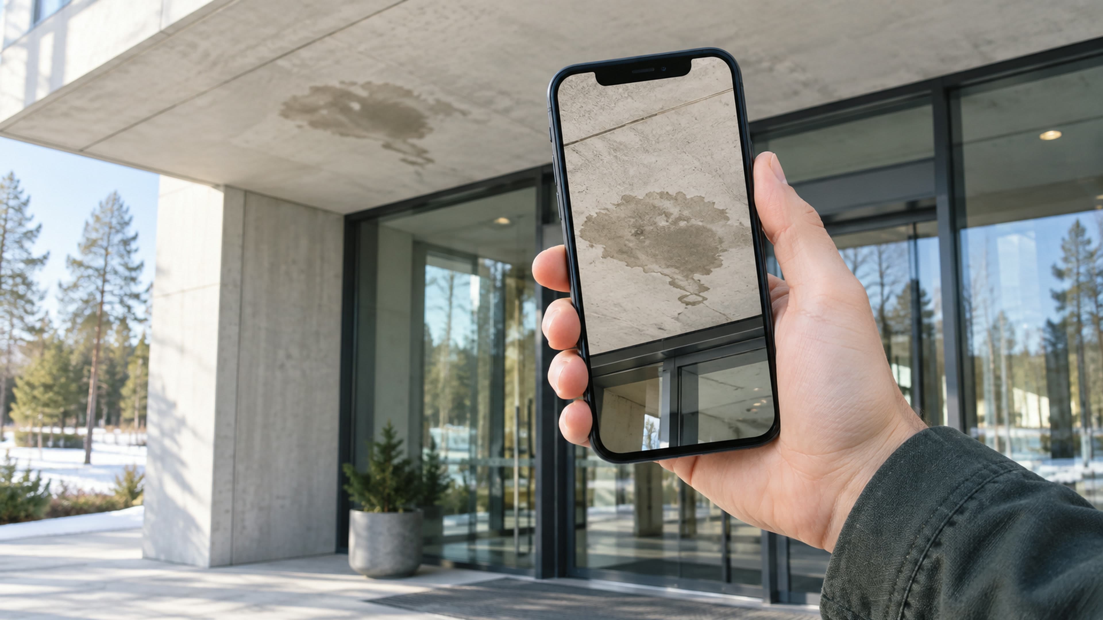 A hand holds an iPhone photographing a damp stain on the concrete canopy above a glass building entrance.