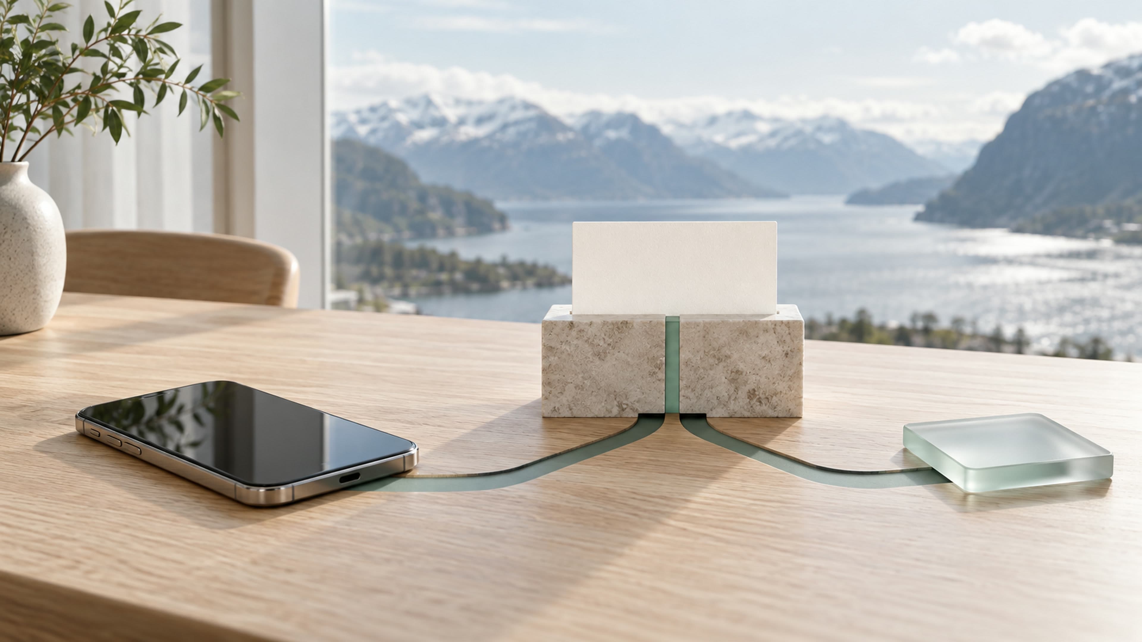 One customer card rests on a stone block, reached by two channels from an iPhone and a frosted glass workspace tile.