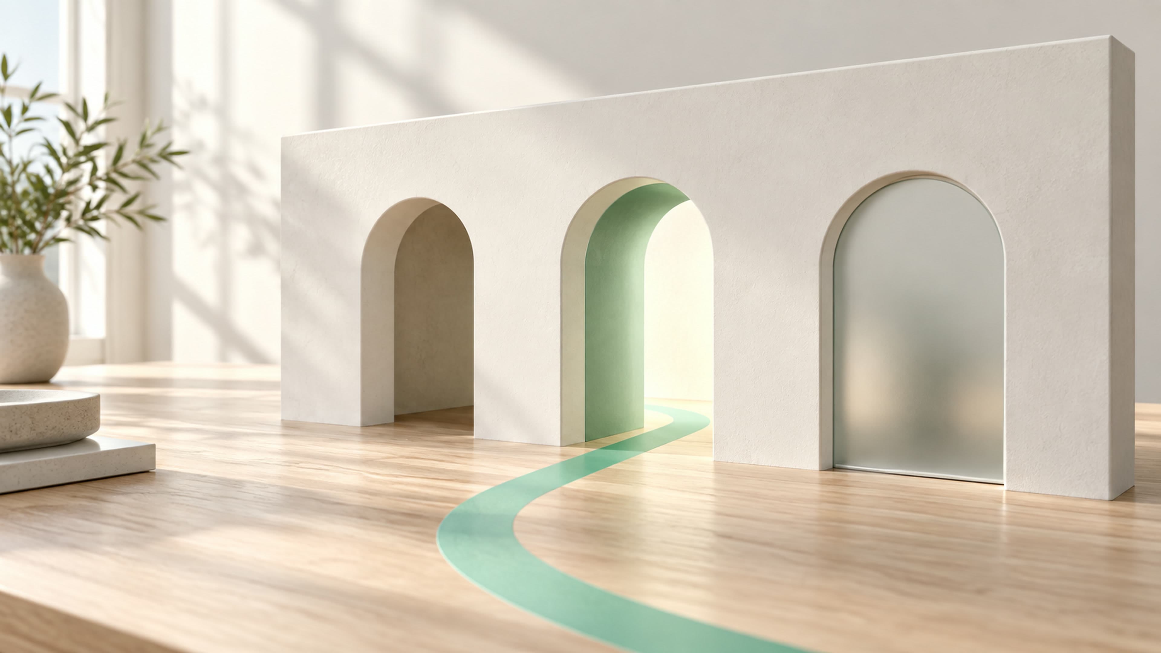 A white architectural model with three arches: a mint path leads through one while frosted glass closes another.